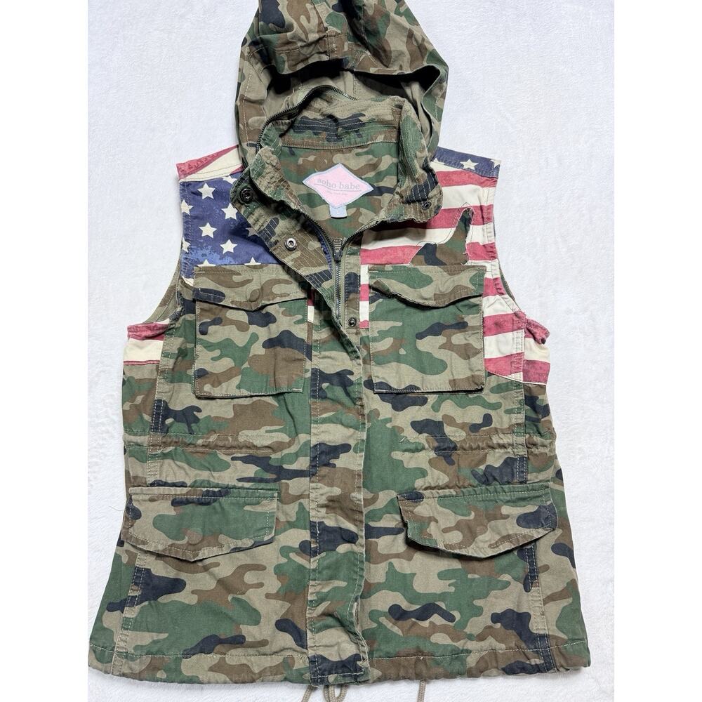 Soho Babe Lg Camo American Flag Vest Hood Distressed Military Utility Americana